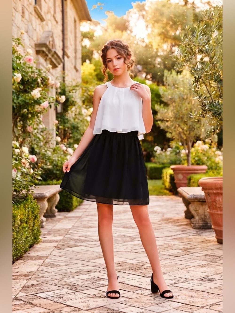 Two-Tone Black & White Halter Dress for Girls - Formal Occasion